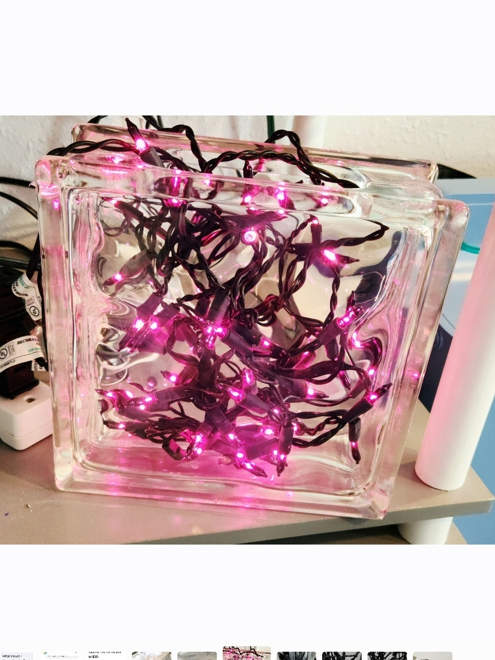 Decorative Glass Block with (3) Pink String Lights - Heavy